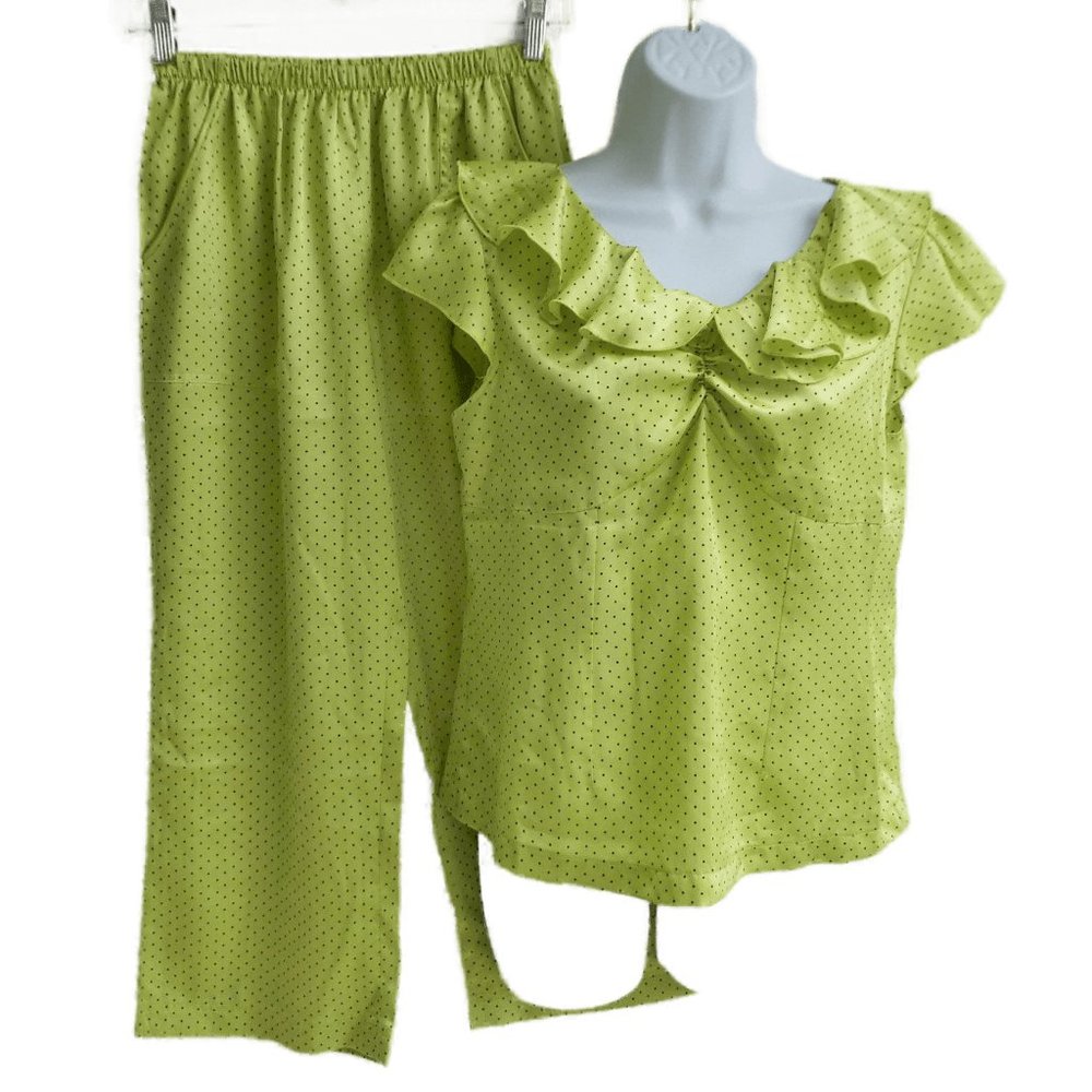 Vintage 2pc Lime Polka Dot Pant Set Pockets Sweetheart Ruffles Pull On Crop L